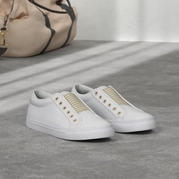 Women's Leather Slip-On Sneakers 7 White Gold Versatile Casual Comfort - Picture 2 of 5